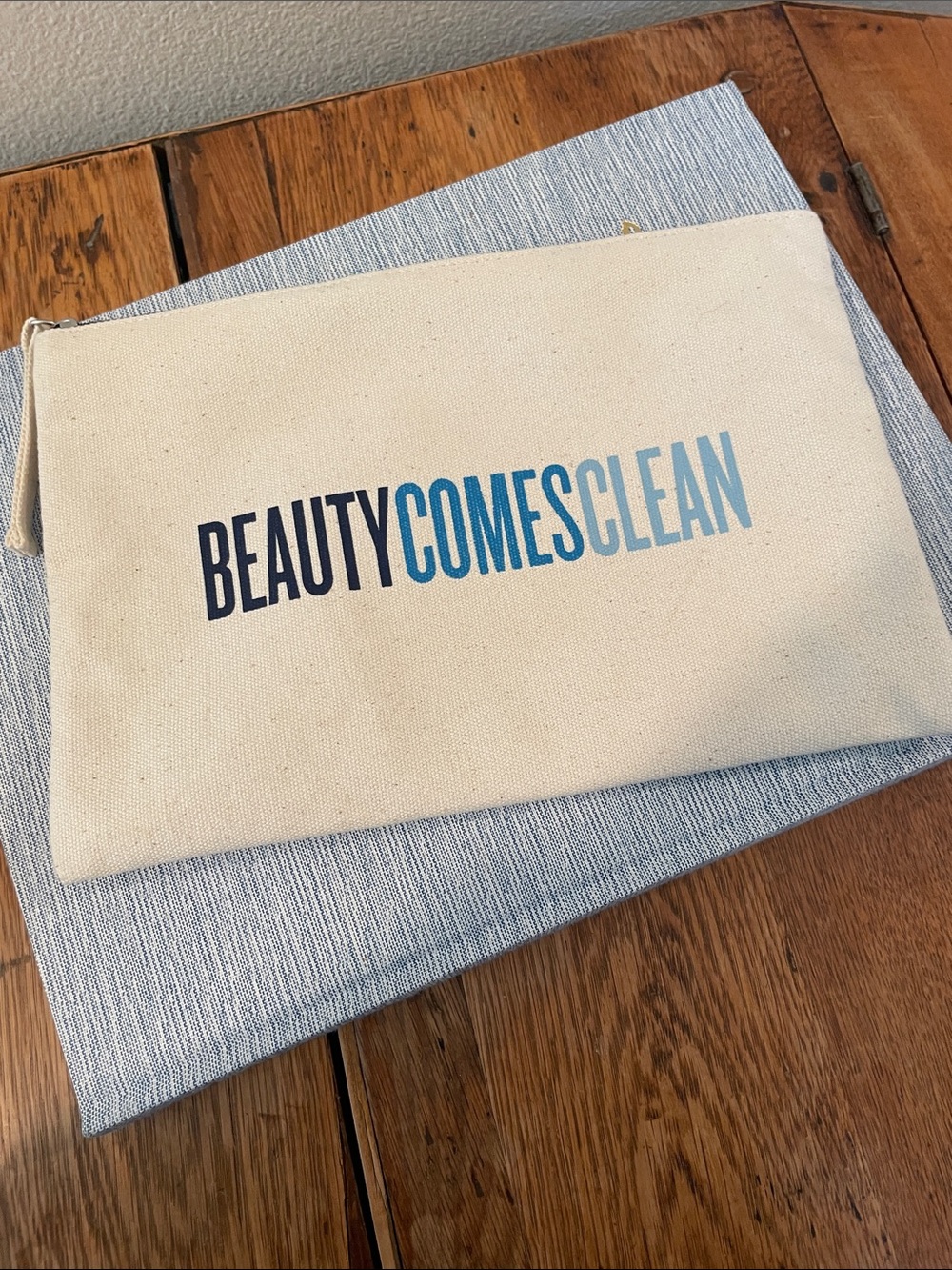 Beautycounter "Beauty Comes Clean" Canvas Makeup Bag — Cream & Blue